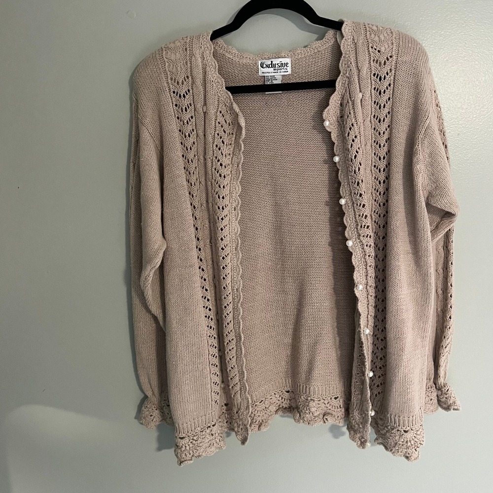 Vintage Taupe Pointelle Crochet Pearl Button Cardigan Medium romantic coastal